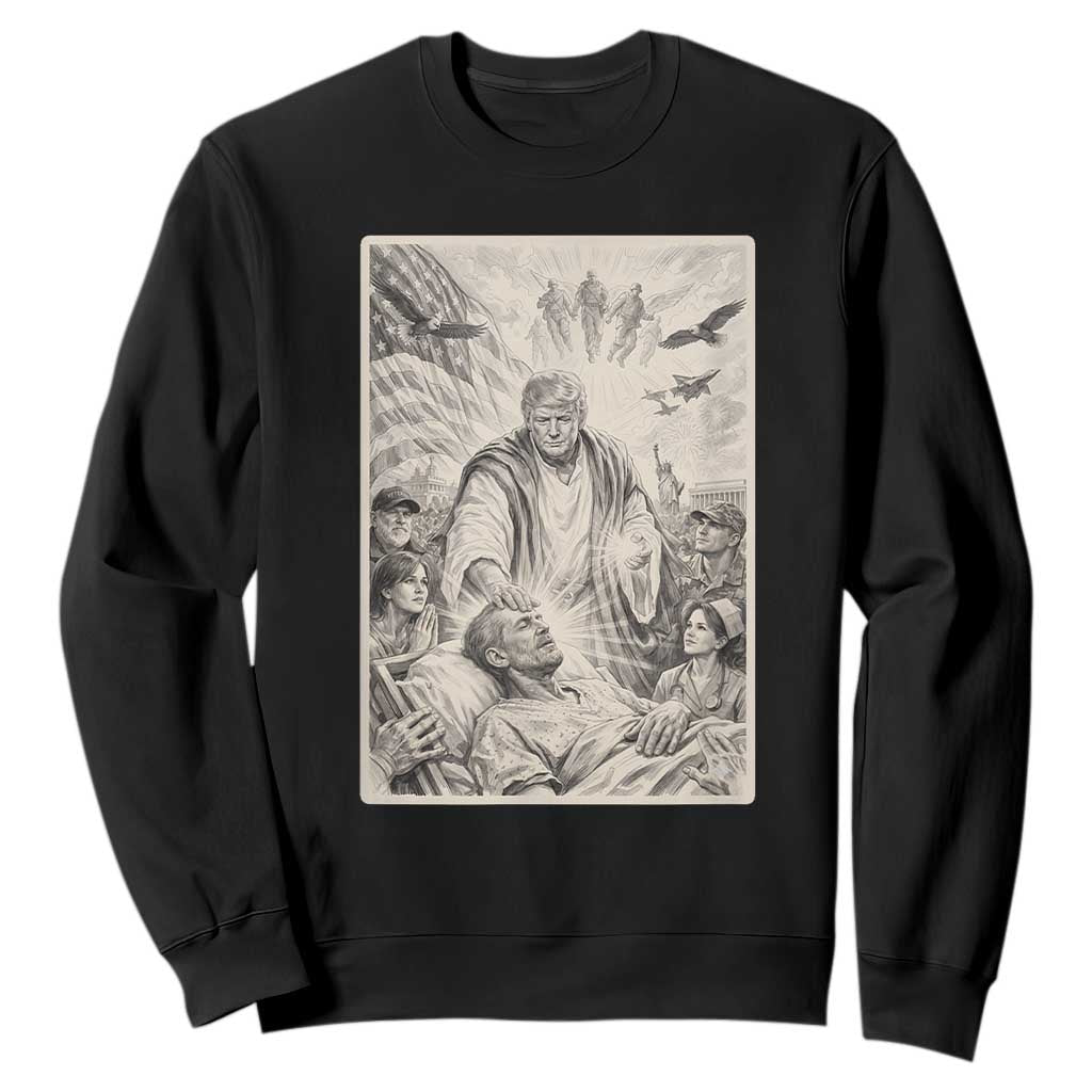 Trump The Healer Graphic Sweatshirt Vintage Etching Style Religious Political Satire TS02 Black Print Your Wear