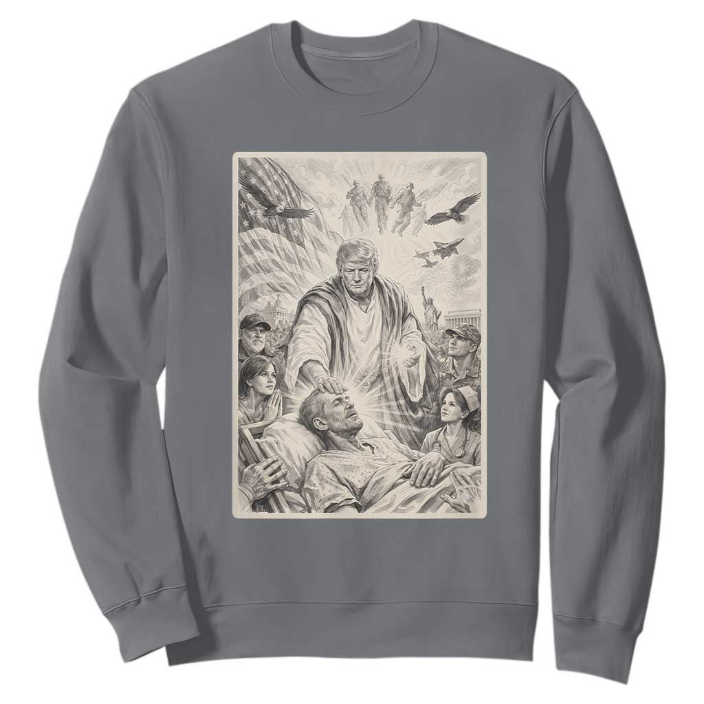 Trump The Healer Graphic Sweatshirt Vintage Etching Style Religious Political Satire TS02 Charcoal Print Your Wear