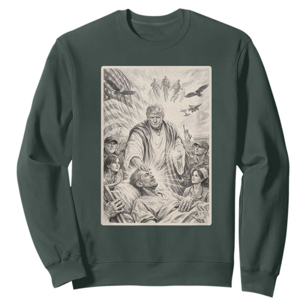 Trump The Healer Graphic Sweatshirt Vintage Etching Style Religious Political Satire TS02 Dark Forest Green Print Your Wear