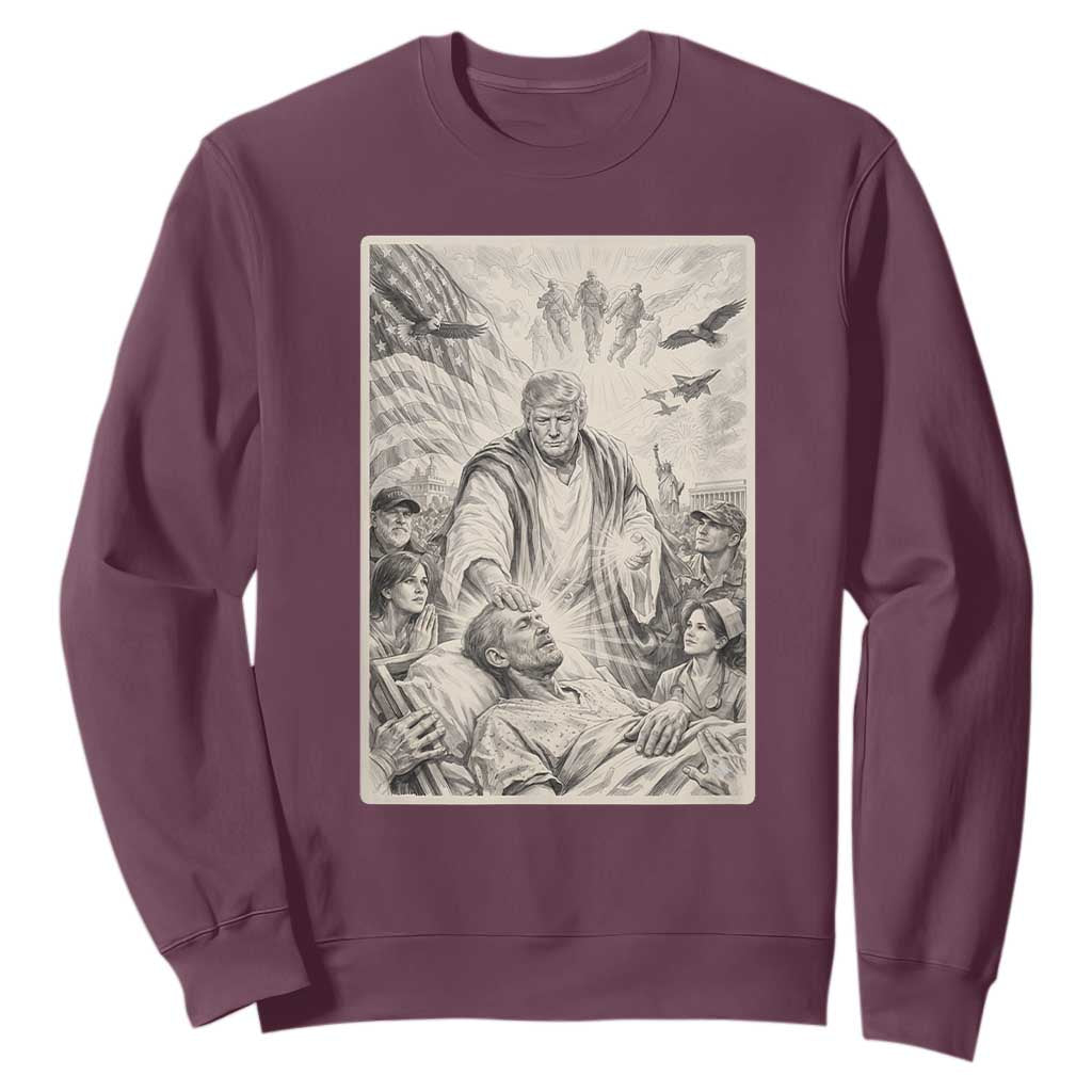 Trump The Healer Graphic Sweatshirt Vintage Etching Style Religious Political Satire TS02 Maroon Print Your Wear