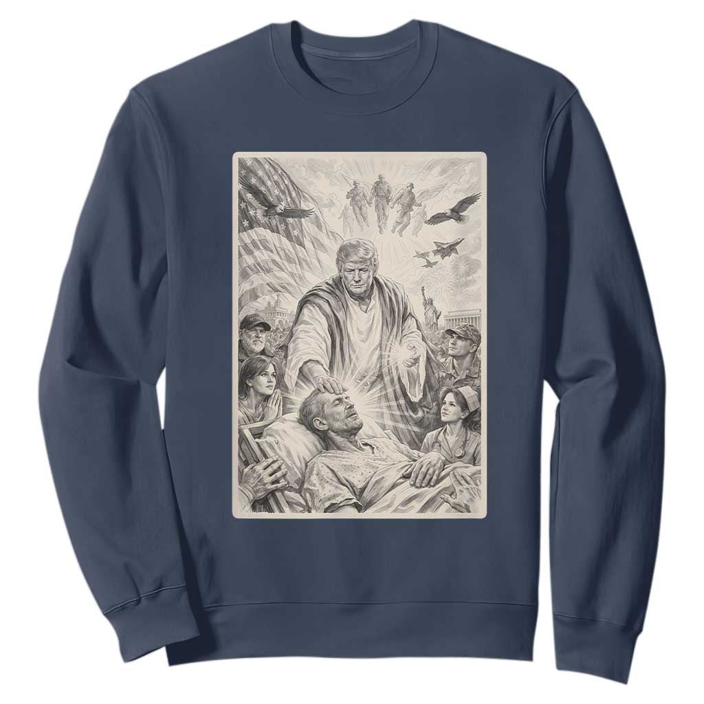 Trump The Healer Graphic Sweatshirt Vintage Etching Style Religious Political Satire TS02 Navy Print Your Wear