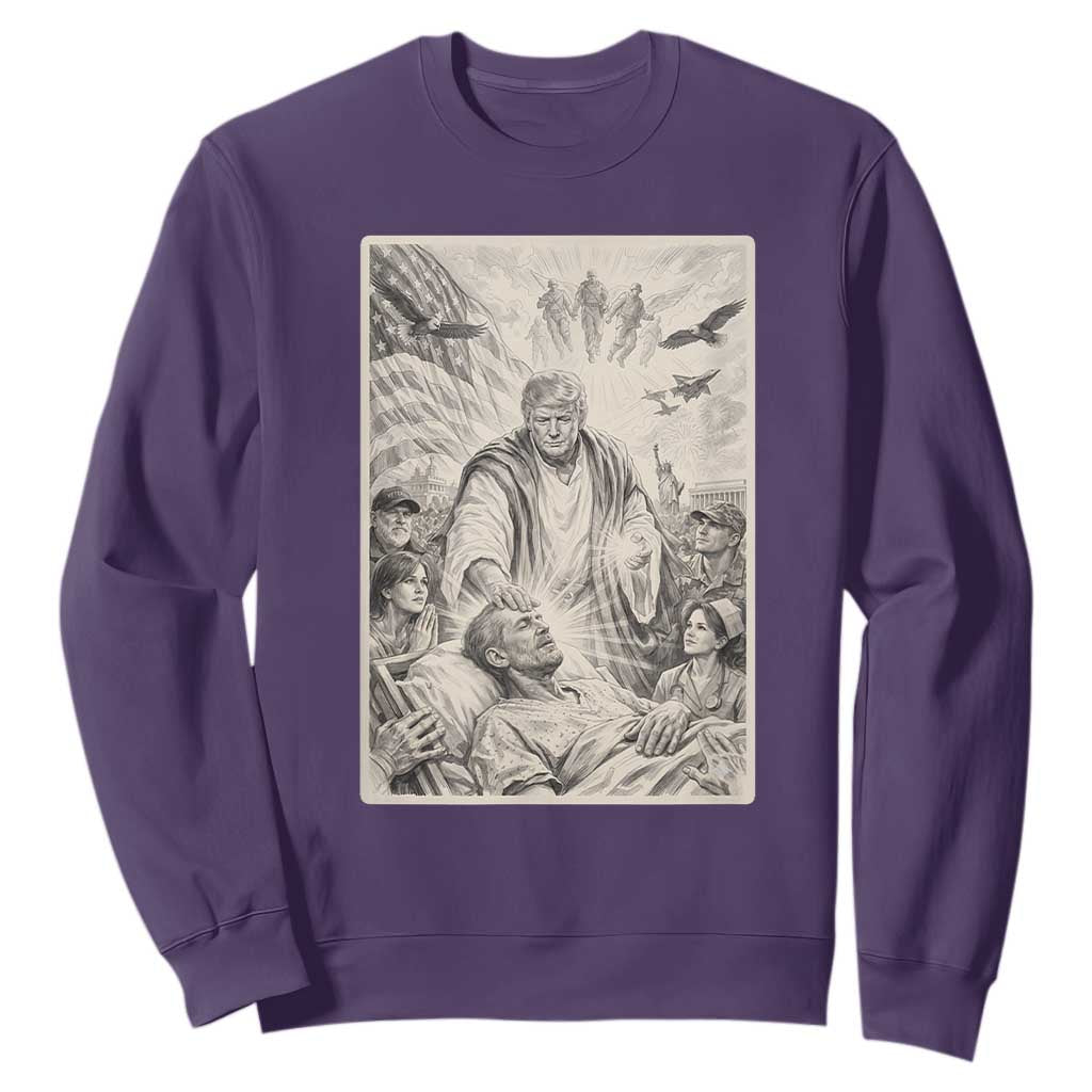 Trump The Healer Graphic Sweatshirt Vintage Etching Style Religious Political Satire TS02 Purple Print Your Wear