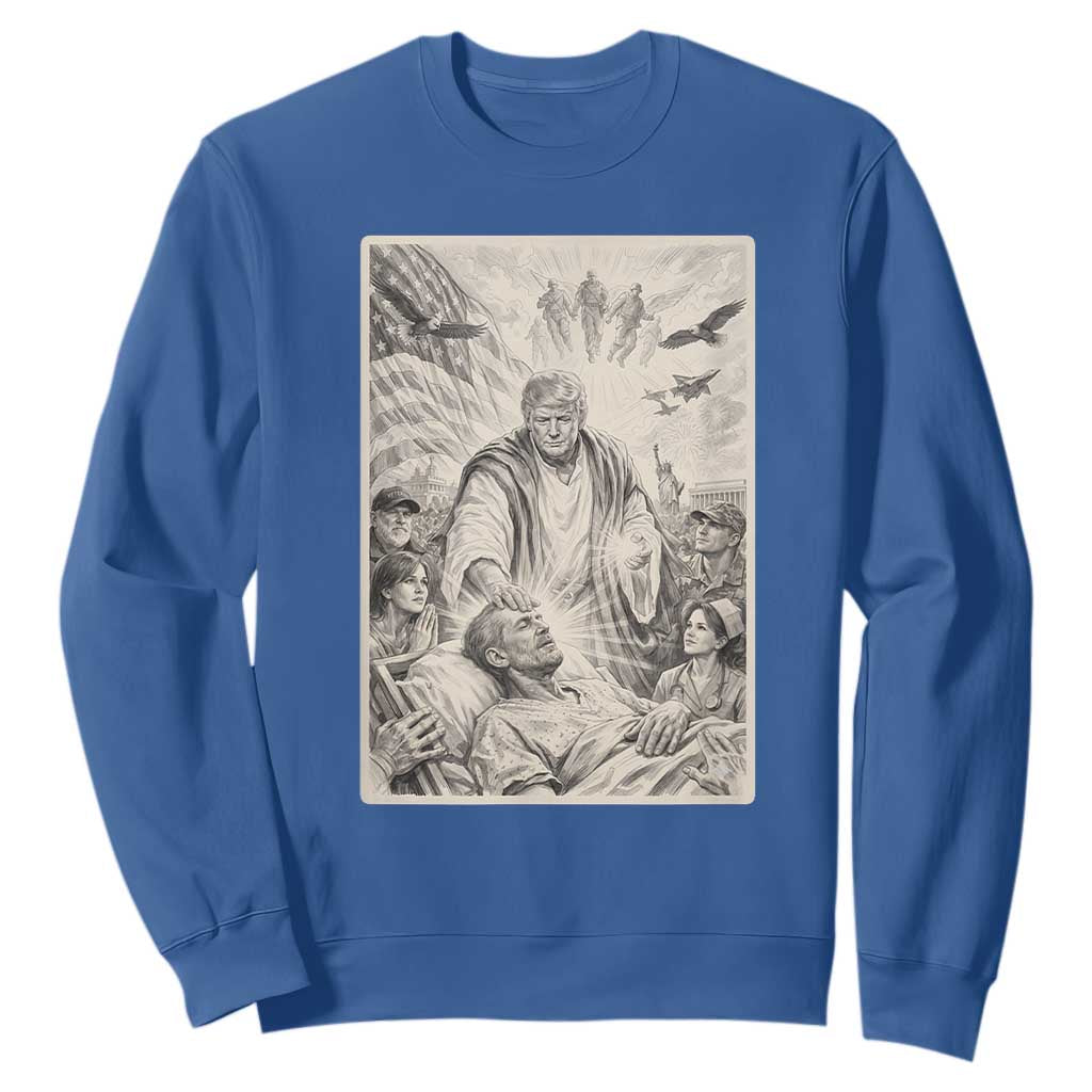 Trump The Healer Graphic Sweatshirt Vintage Etching Style Religious Political Satire TS02 Royal Blue Print Your Wear