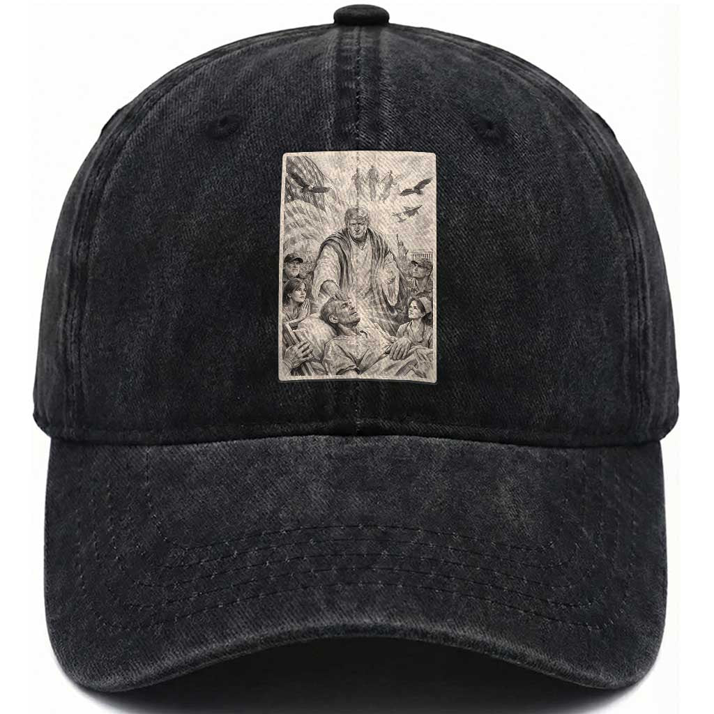 Trump The Healer Graphic Washed Cotton Baseball Cap Vintage Etching Style Religious Political Satire TS02 Print Your Wear