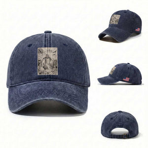 Trump The Healer Graphic Washed Cotton Baseball Cap Vintage Etching Style Religious Political Satire TS02 Washed Cap Universal Fit Navy Print Your Wear