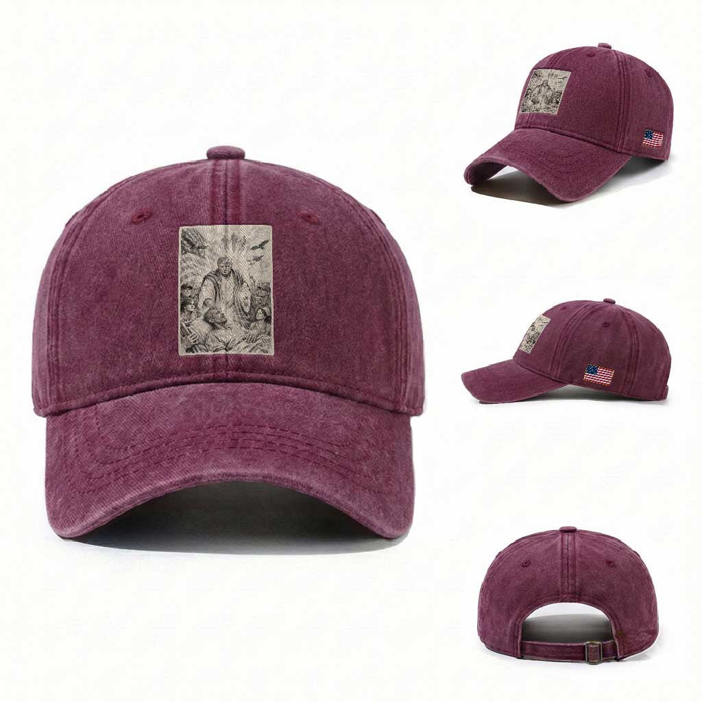 Trump The Healer Graphic Washed Cotton Baseball Cap Vintage Etching Style Religious Political Satire TS02 Washed Cap Universal Fit Burgundy Print Your Wear