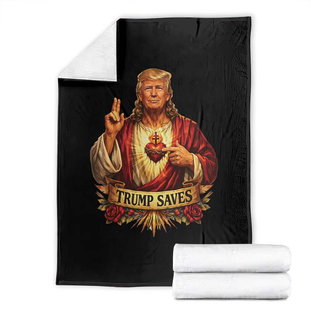 Trump Saves Sacred Heart Religious Parody Throw Blanket Jesus-Like Devine Leader Political Satire TS02 Black Print Your Wear