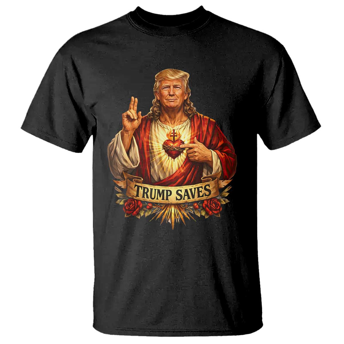 Trump Saves Sacred Heart Religious Parody T Shirt Jesus-Like Devine Leader Political Satire TS02 Black Print Your Wear