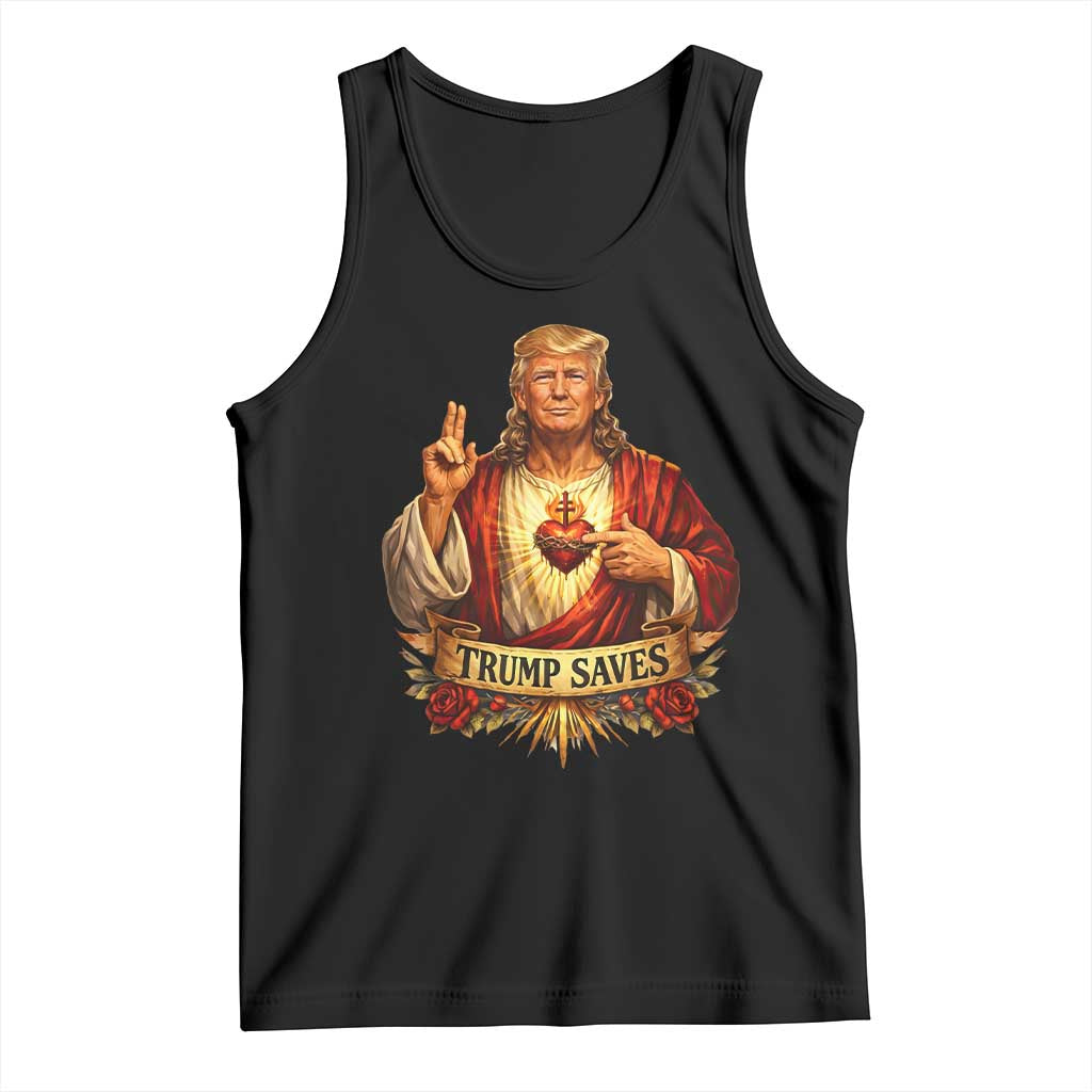 Trump Saves Sacred Heart Religious Parody Tank Top Jesus-Like Devine Leader Political Satire TS02 Black Print Your Wear