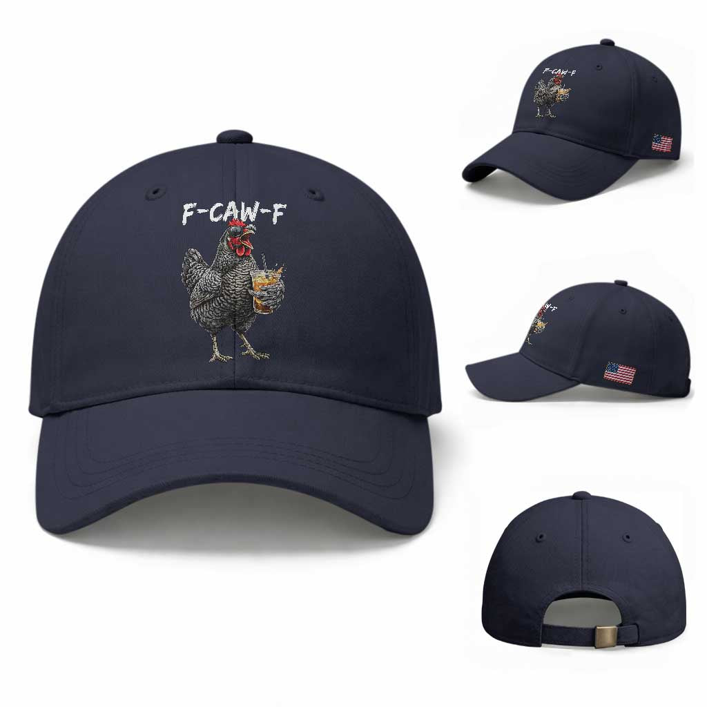 F-CAW-F Sarcastic Chicken Drinking Coffee Baseball Cap Funny Morning Mood Grumpy Hen Iced Coffee Lover TS02 Baseball Cap Universal Fit Navy Print Your Wear