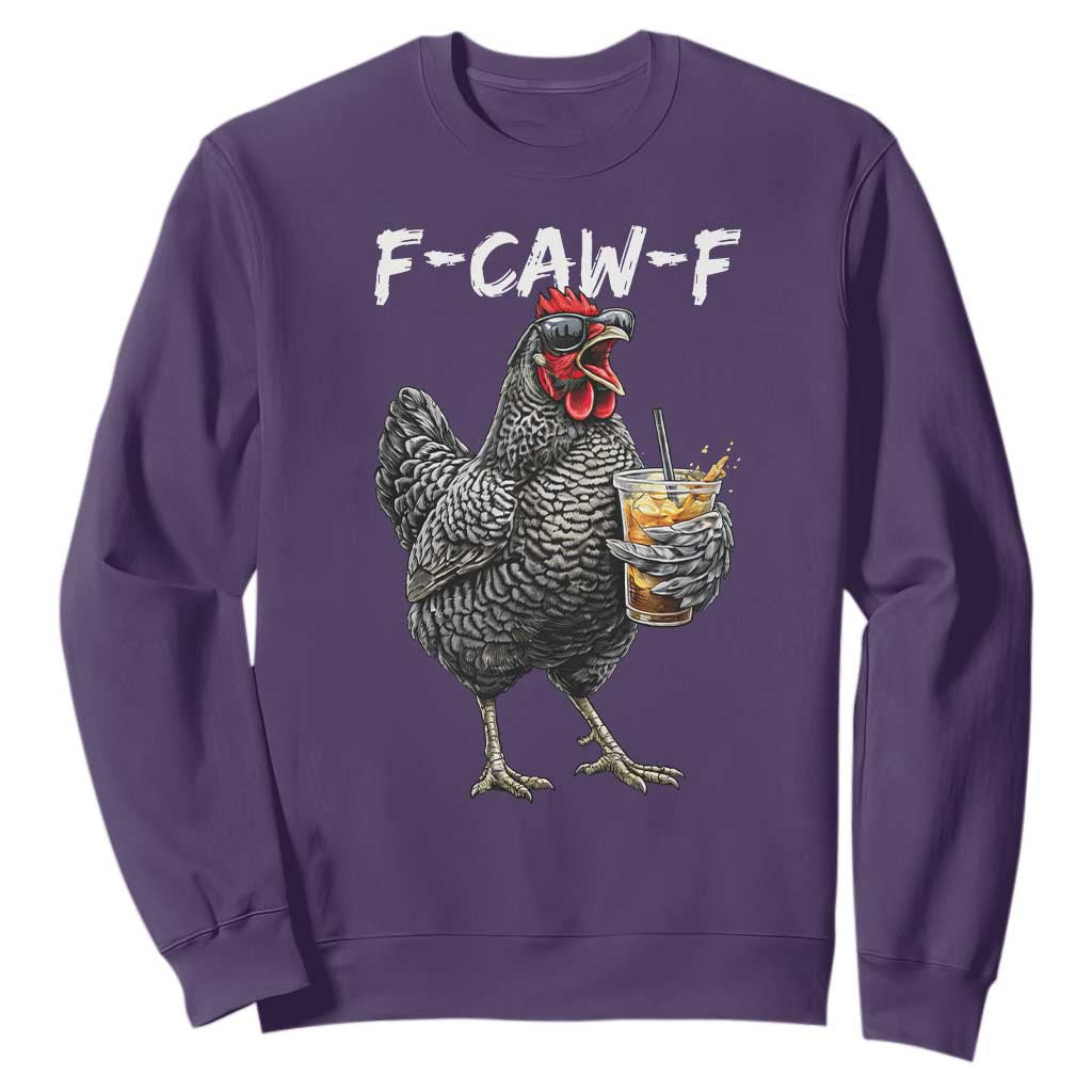 F-CAW-F Sarcastic Chicken Drinking Coffee Sweatshirt Funny Morning Mood Grumpy Hen Iced Coffee Lover TS02 Purple Print Your Wear