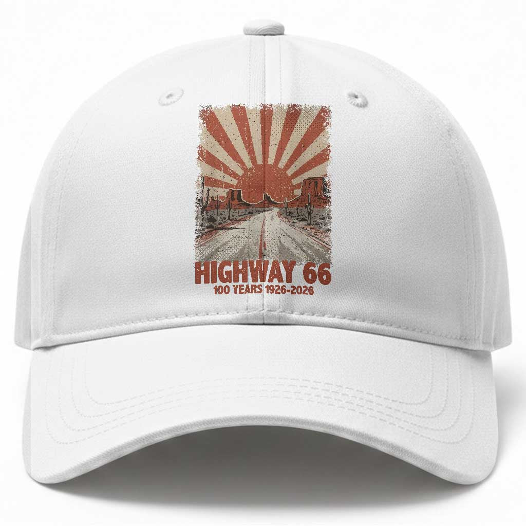 Highway 66 Main Street of America Sunset Horizon Baseball Cap Centennial 1926-2026 Retro Desert Sunburst Graphic TS02 Print Your Wear