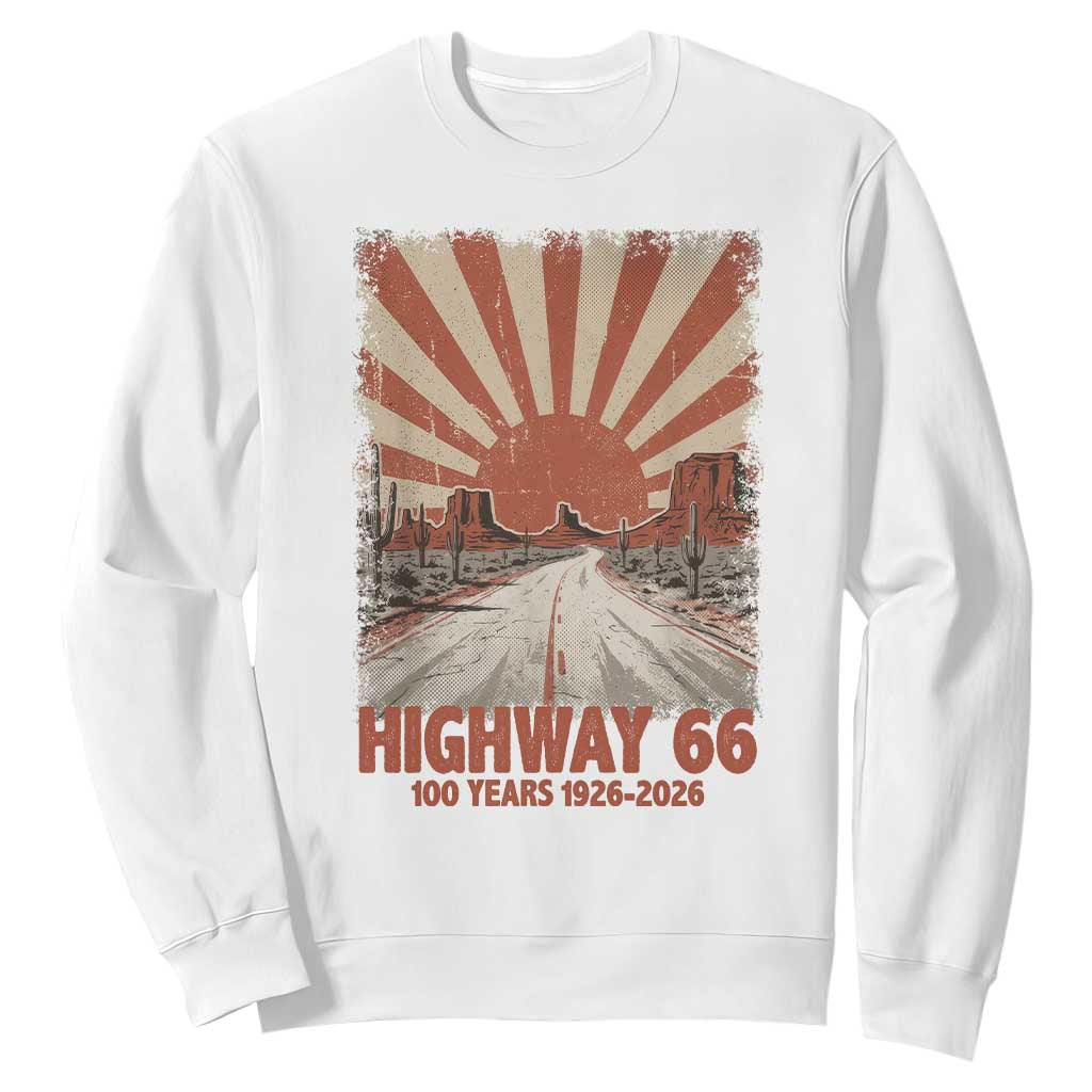 Highway 66 Main Street of America Sunset Horizon Sweatshirt Centennial 1926-2026 Retro Desert Sunburst Graphic TS02 White Print Your Wear