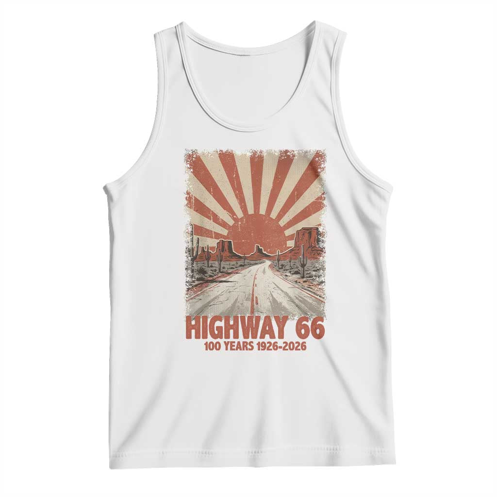 Highway 66 Main Street of America Sunset Horizon Tank Top Centennial 1926-2026 Retro Desert Sunburst Graphic TS02 White Print Your Wear