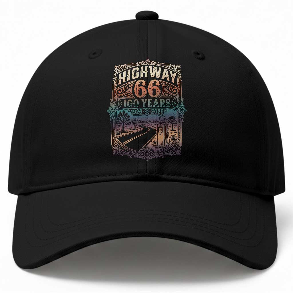 Highway 66 100 Years of the Mother Road Baseball Cap Centennial 1926-2026 Desert Oasis Retro Rainbow Graphic TS02 Print Your Wear