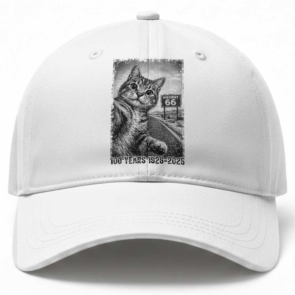 Funny Road Trip Cat Selfie with Highway 66 Baseball Cap Centennial 1926-2026 Historic Highway Humor TS02 Print Your Wear