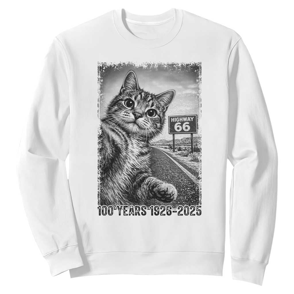 Funny Road Trip Cat Selfie with Highway 66 Sweatshirt Centennial 1926-2026 Historic Highway Humor TS02 White Print Your Wear