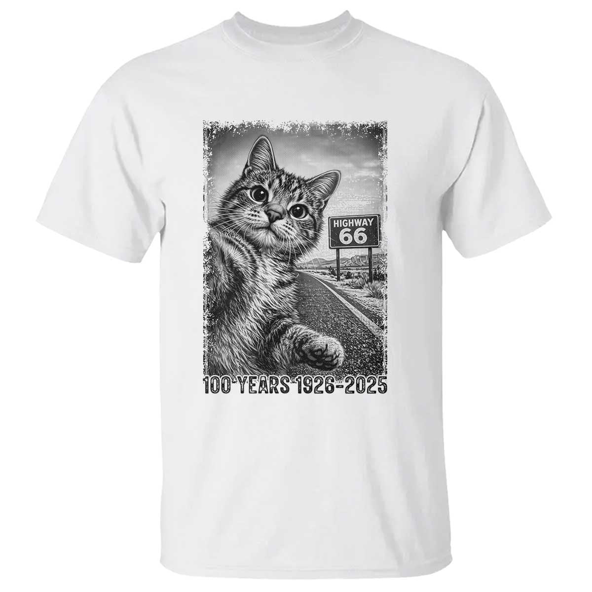 Funny Road Trip Cat Selfie with Highway 66 T Shirt Centennial 1926-2026 Historic Highway Humor TS02 White Print Your Wear