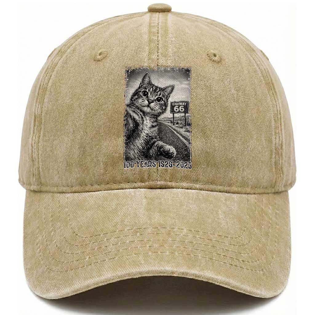 Funny Road Trip Cat Selfie with Highway 66 Washed Cotton Baseball Cap Centennial 1926-2026 Historic Highway Humor TS02 Print Your Wear