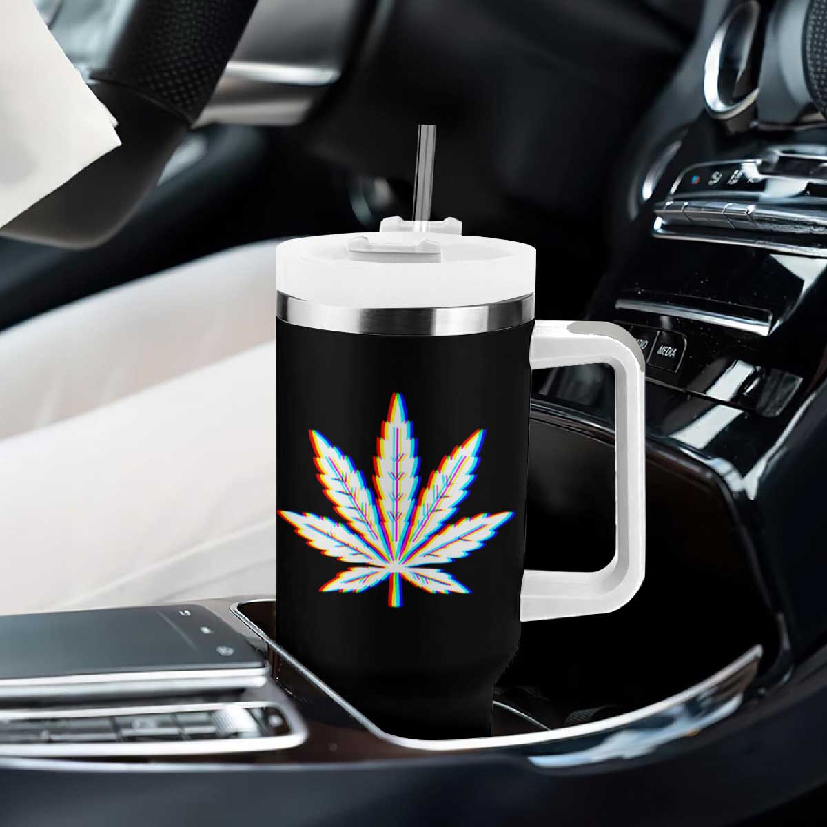 Cannabis Leaf Glitch Effect Graphic Tumbler With Handle Retro RGB Distortion Weed and Stoner Lifestyle TS02 Print Your Wear