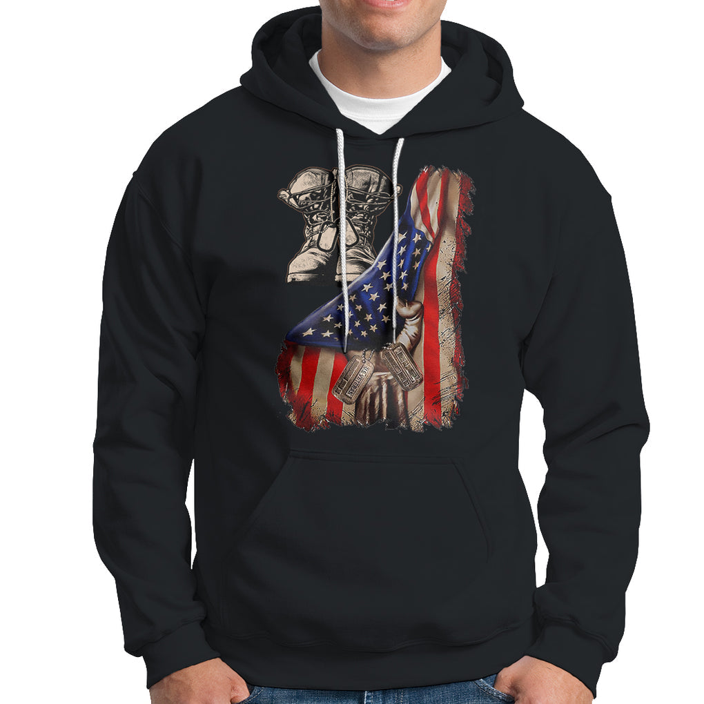 US Pride Hoodie American Flag With Combat Boots And Dog Tags TS02 Dark Heather Printyourwear