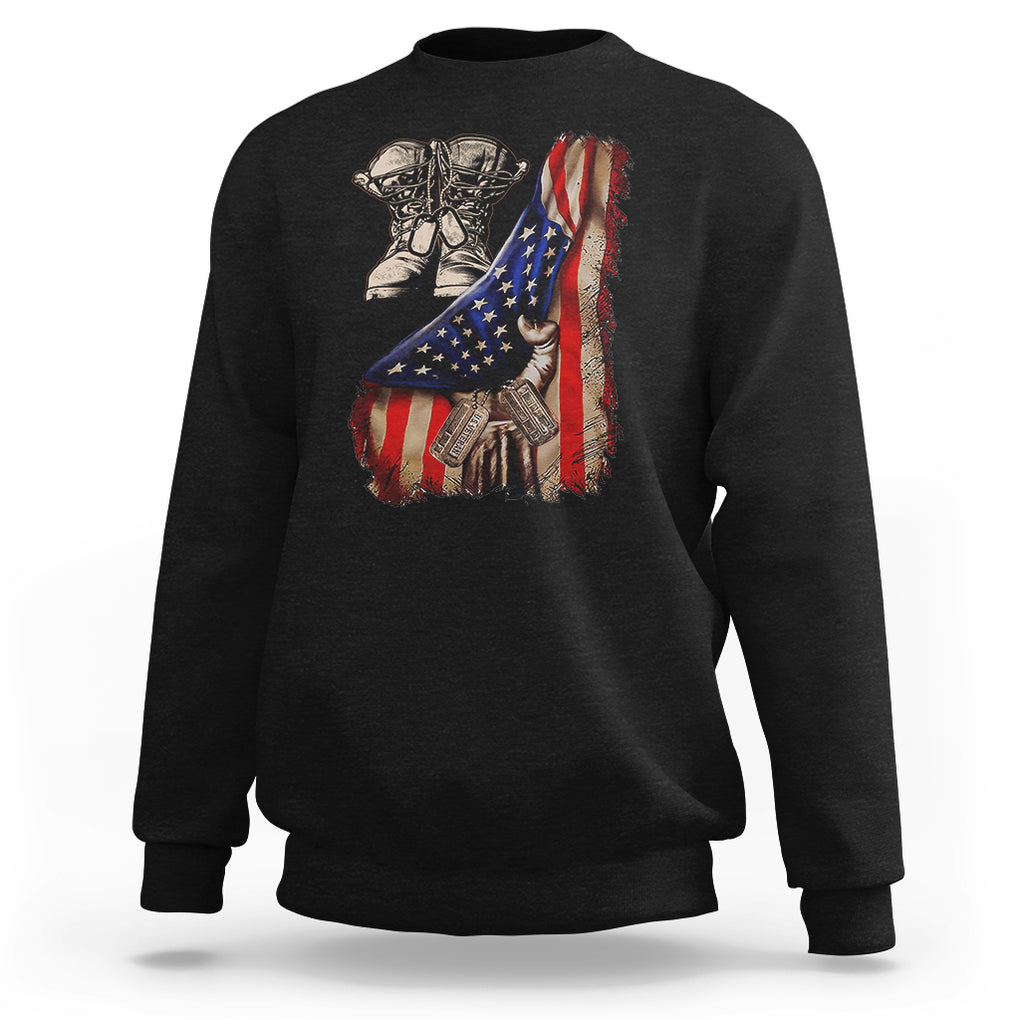 US Pride Sweatshirt American Flag With Combat Boots And Dog Tags TS02 Dark Heather Printyourwear