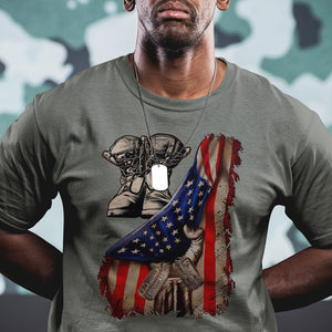 US Pride T Shirt American Flag With Combat Boots And Dog Tags TS02 Printyourwear
