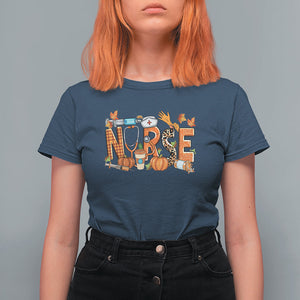 Fall Nurse T Shirt For Women One Thankful Nurse Life Autumn Pumpkin Season Thanksgiving TS02 Navy Printyourwear