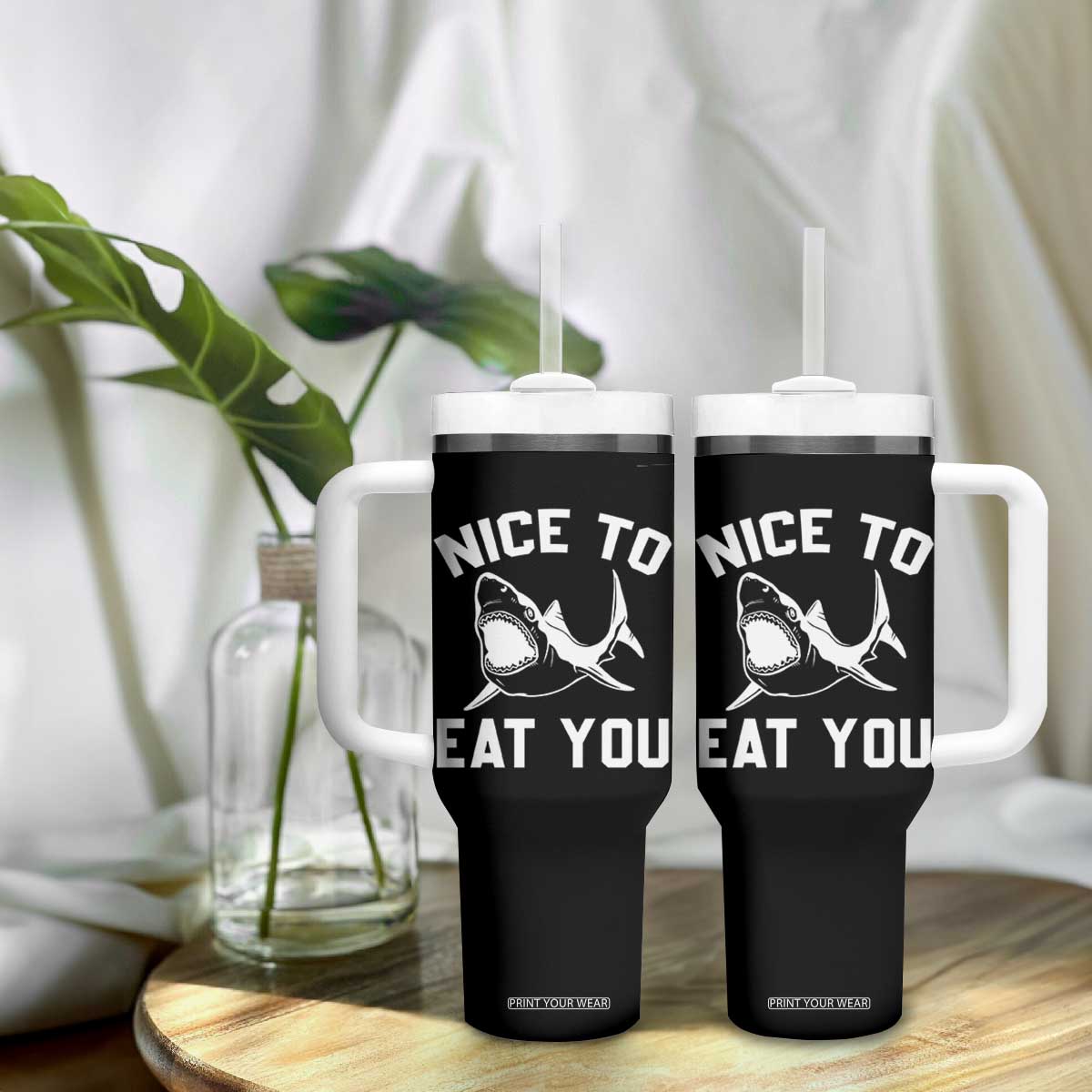 Funny Shark Lover Tumbler With Handle Nice To Eat You TS02 Print Your Wear