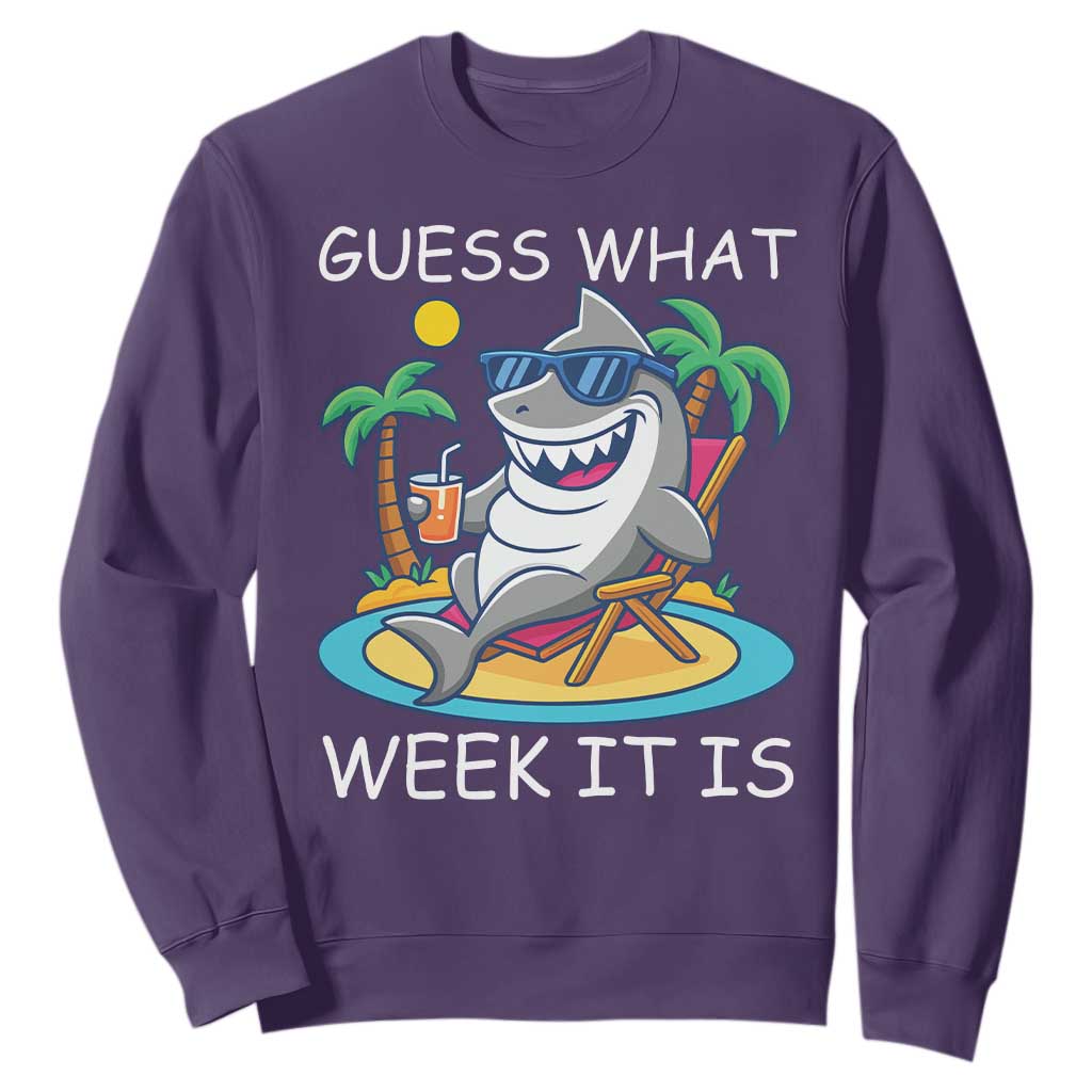 Funny Shark Lover Week Sweatshirt Week Guess What Week It Is Summer Beach TS02 Purple Print Your Wear