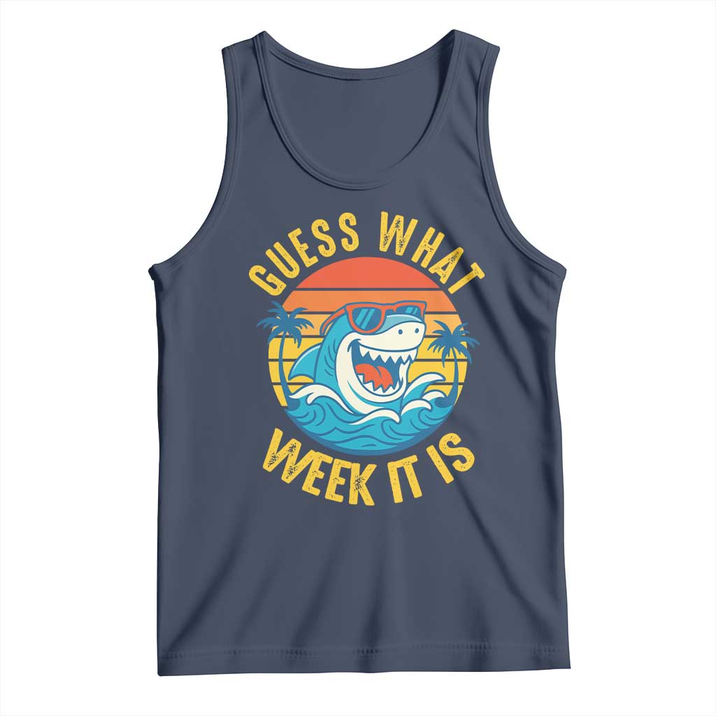 Funny Shark Lover Week Tank Top Guess What Week It Is Ocean Wildlife Retro Sunset TS02 Navy Print Your Wear