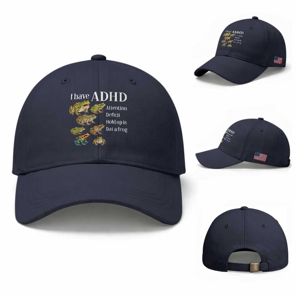 I Have ADHD Attention Deficit Hold up is Dat a Frog Baseball Cap Funny Neurodiversity Humor Frogs Lover Meme TS02 Baseball Cap Universal Fit Navy Print Your Wear