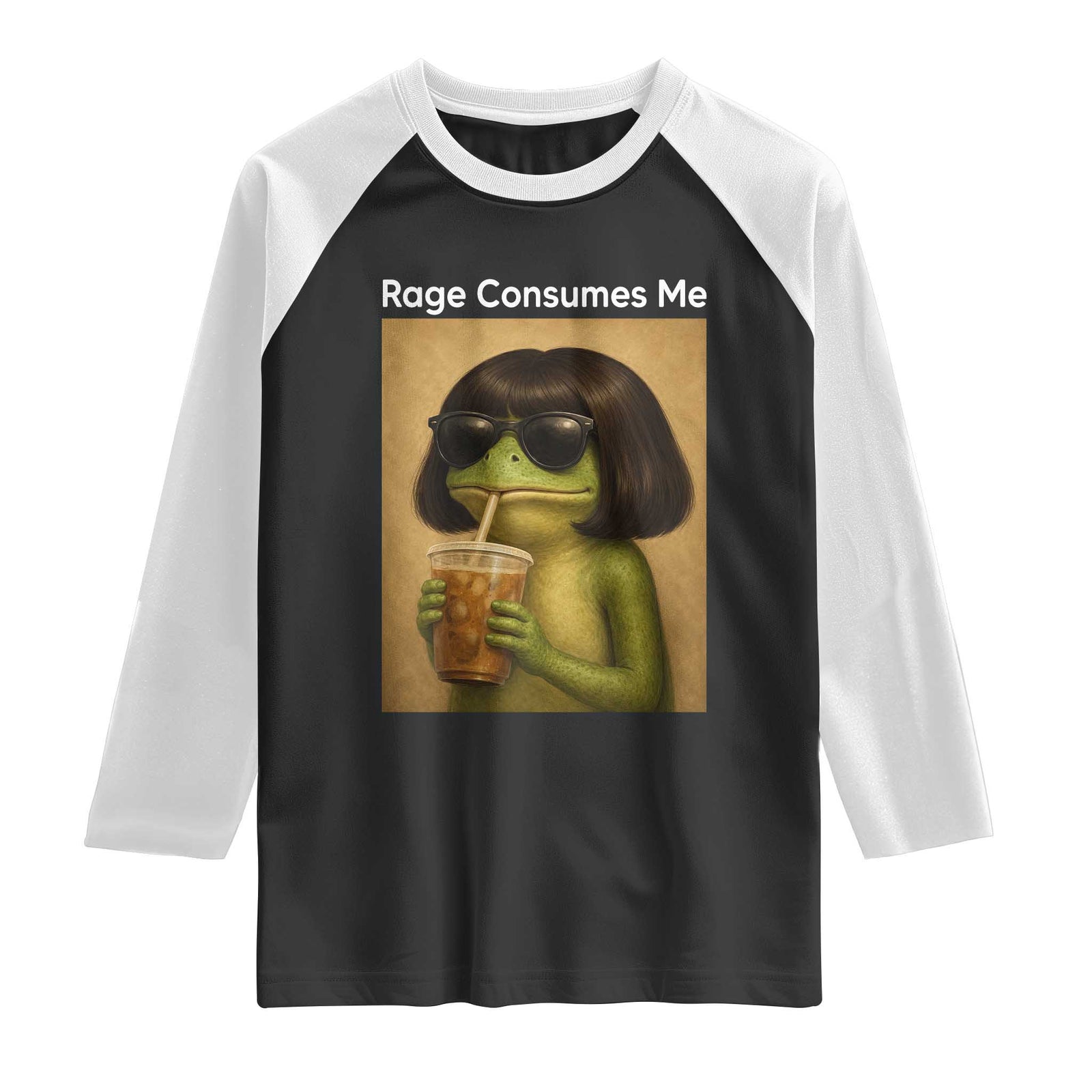 Funny Frog Bob Haircut Rage Consumes Me Raglan Shirt Renaissance Painting Meme TS02 Black White Print Your Wear
