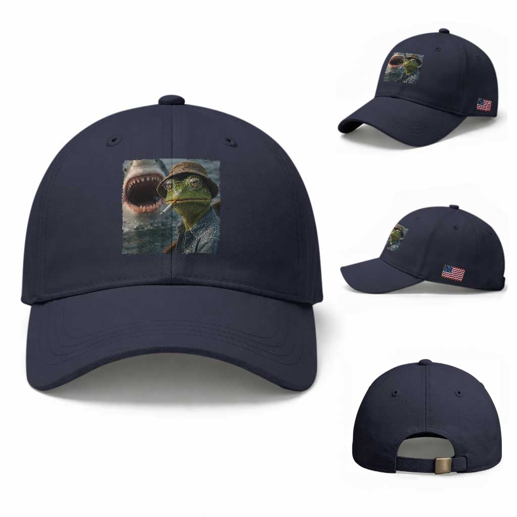 Unbothered Frog Smoking Cigarette Meme Baseball Cap Cinematic Shark Attack Calmness Graphic Dark Humor TS02 Baseball Cap Universal Fit Navy Print Your Wear