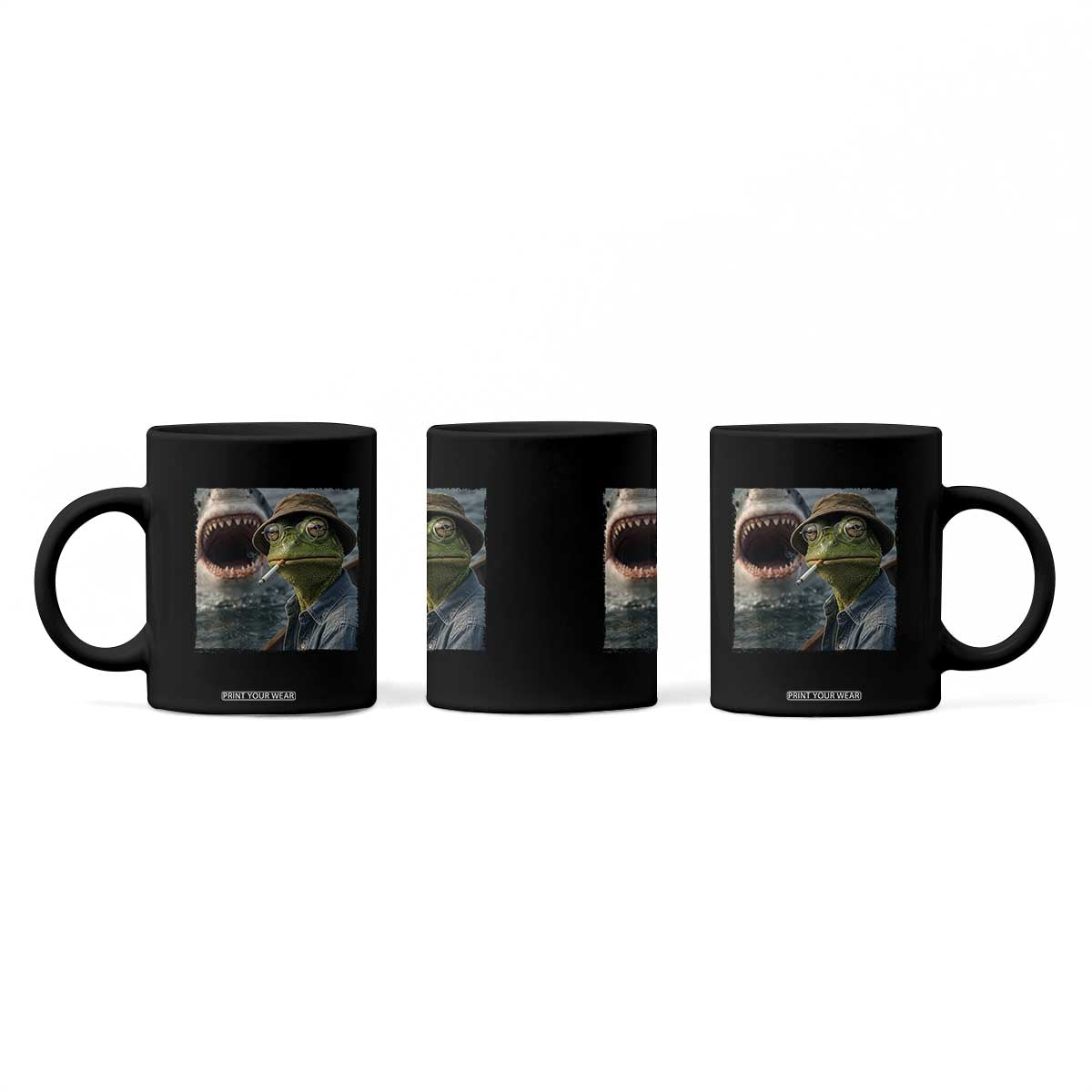 Unbothered Frog Smoking Cigarette Meme Coffee Mug Cinematic Shark Attack Calmness Graphic Dark Humor TS02 Print Your Wear
