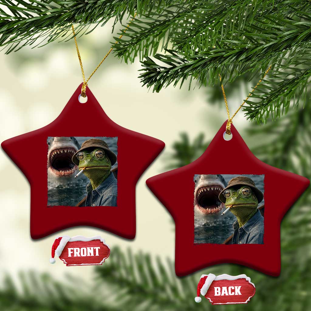 Unbothered Frog Smoking Cigarette Meme Ceramic Ornament Cinematic Shark Attack Calmness Graphic Dark Humor TS02 Print Your Wear