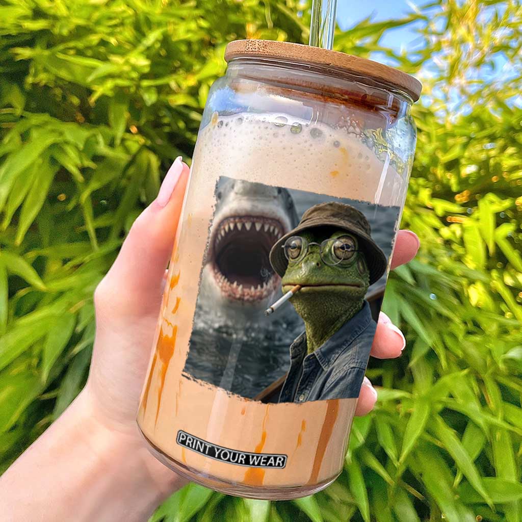 Unbothered Frog Smoking Cigarette Meme Glass Can Cinematic Shark Attack Calmness Graphic Dark Humor TS02 Black Print Your Wear