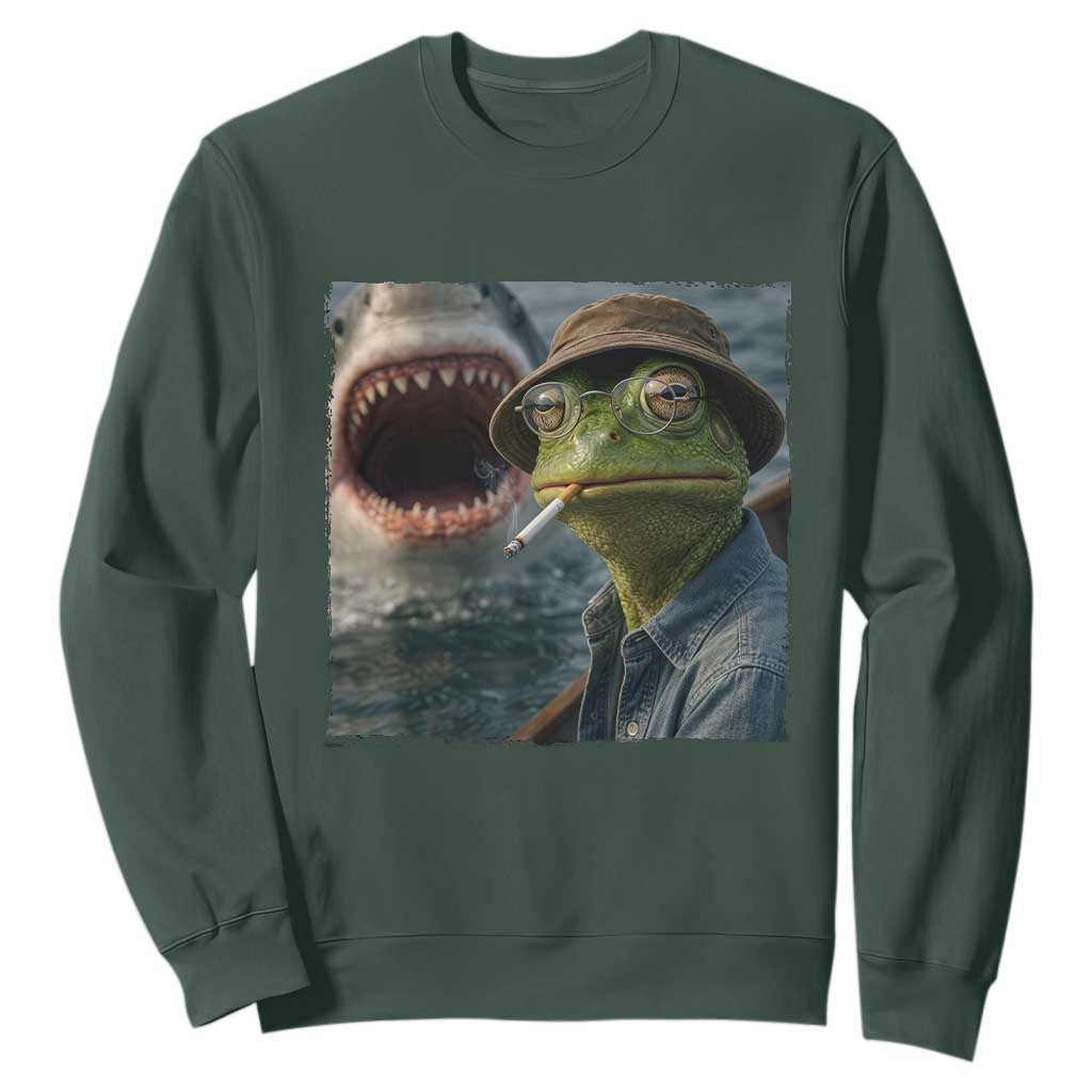 Unbothered Frog Smoking Cigarette Meme Sweatshirt Cinematic Shark Attack Calmness Graphic Dark Humor TS02 Dark Forest Green Print Your Wear