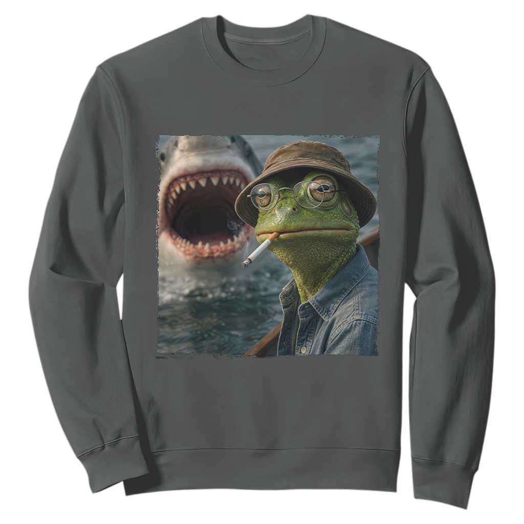 Unbothered Frog Smoking Cigarette Meme Sweatshirt Cinematic Shark Attack Calmness Graphic Dark Humor TS02 Dark Heather Print Your Wear