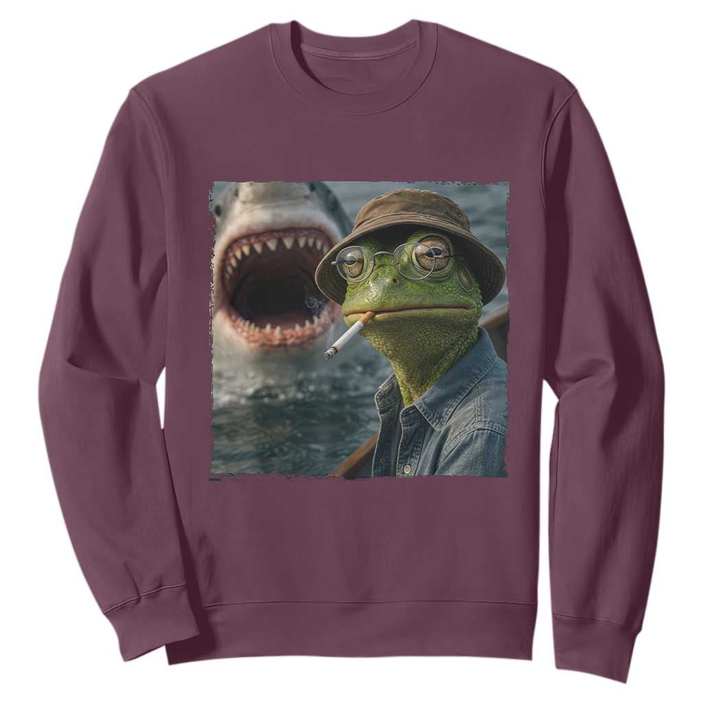 Unbothered Frog Smoking Cigarette Meme Sweatshirt Cinematic Shark Attack Calmness Graphic Dark Humor TS02 Maroon Print Your Wear