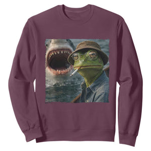 Unbothered Frog Smoking Cigarette Meme Sweatshirt Cinematic Shark Attack Calmness Graphic Dark Humor TS02 Maroon Print Your Wear