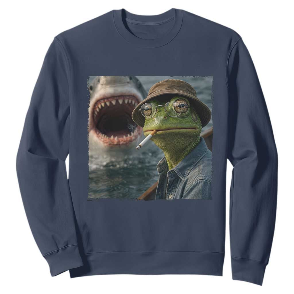 Unbothered Frog Smoking Cigarette Meme Sweatshirt Cinematic Shark Attack Calmness Graphic Dark Humor TS02 Navy Print Your Wear