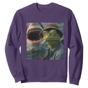 Unbothered Frog Smoking Cigarette Meme Sweatshirt Cinematic Shark Attack Calmness Graphic Dark Humor TS02 Purple Print Your Wear