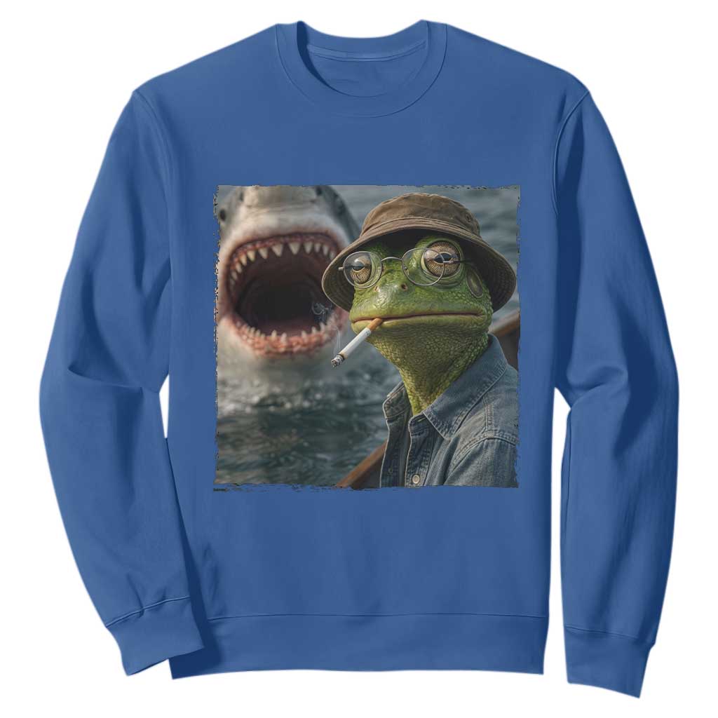Unbothered Frog Smoking Cigarette Meme Sweatshirt Cinematic Shark Attack Calmness Graphic Dark Humor TS02 Royal Blue Print Your Wear