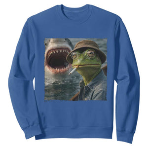 Unbothered Frog Smoking Cigarette Meme Sweatshirt Cinematic Shark Attack Calmness Graphic Dark Humor TS02 Royal Blue Print Your Wear