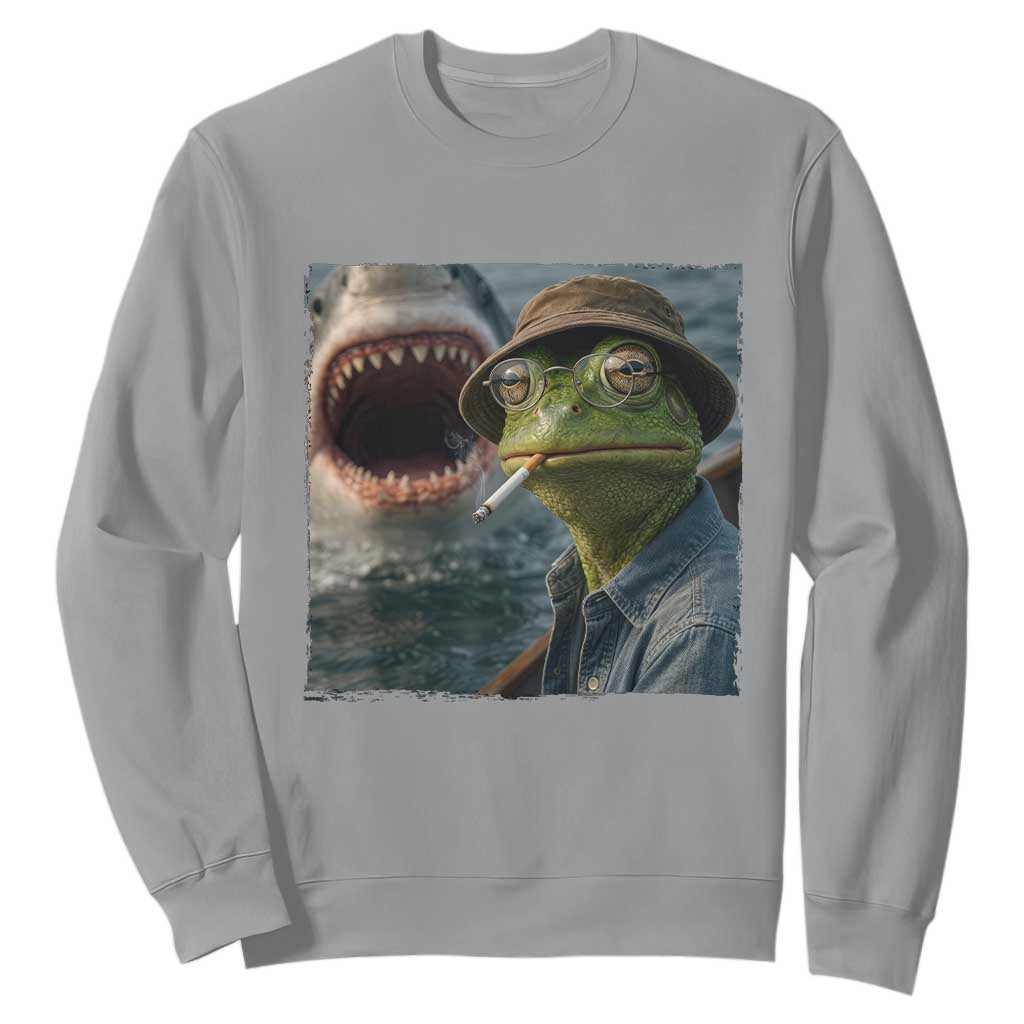 Unbothered Frog Smoking Cigarette Meme Sweatshirt Cinematic Shark Attack Calmness Graphic Dark Humor TS02 Sport Gray Print Your Wear