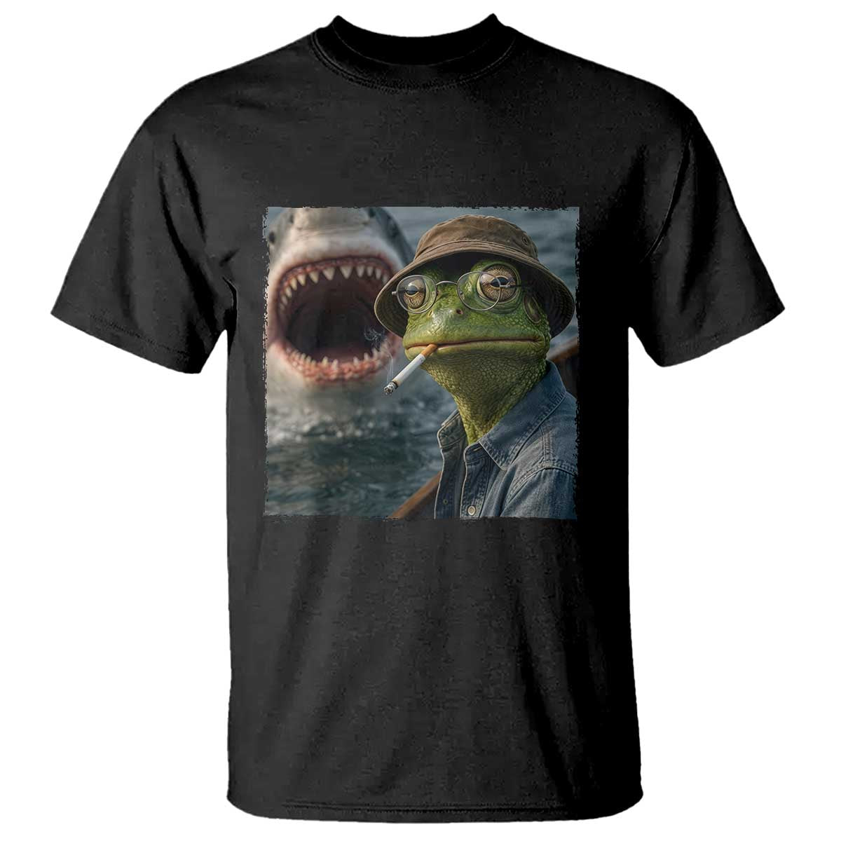 Unbothered Frog Smoking Cigarette Meme T Shirt Cinematic Shark Attack Calmness Graphic Dark Humor TS02 Black Print Your Wear