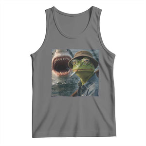 Unbothered Frog Smoking Cigarette Meme Tank Top Cinematic Shark Attack Calmness Graphic Dark Humor TS02 Black Heather Print Your Wear