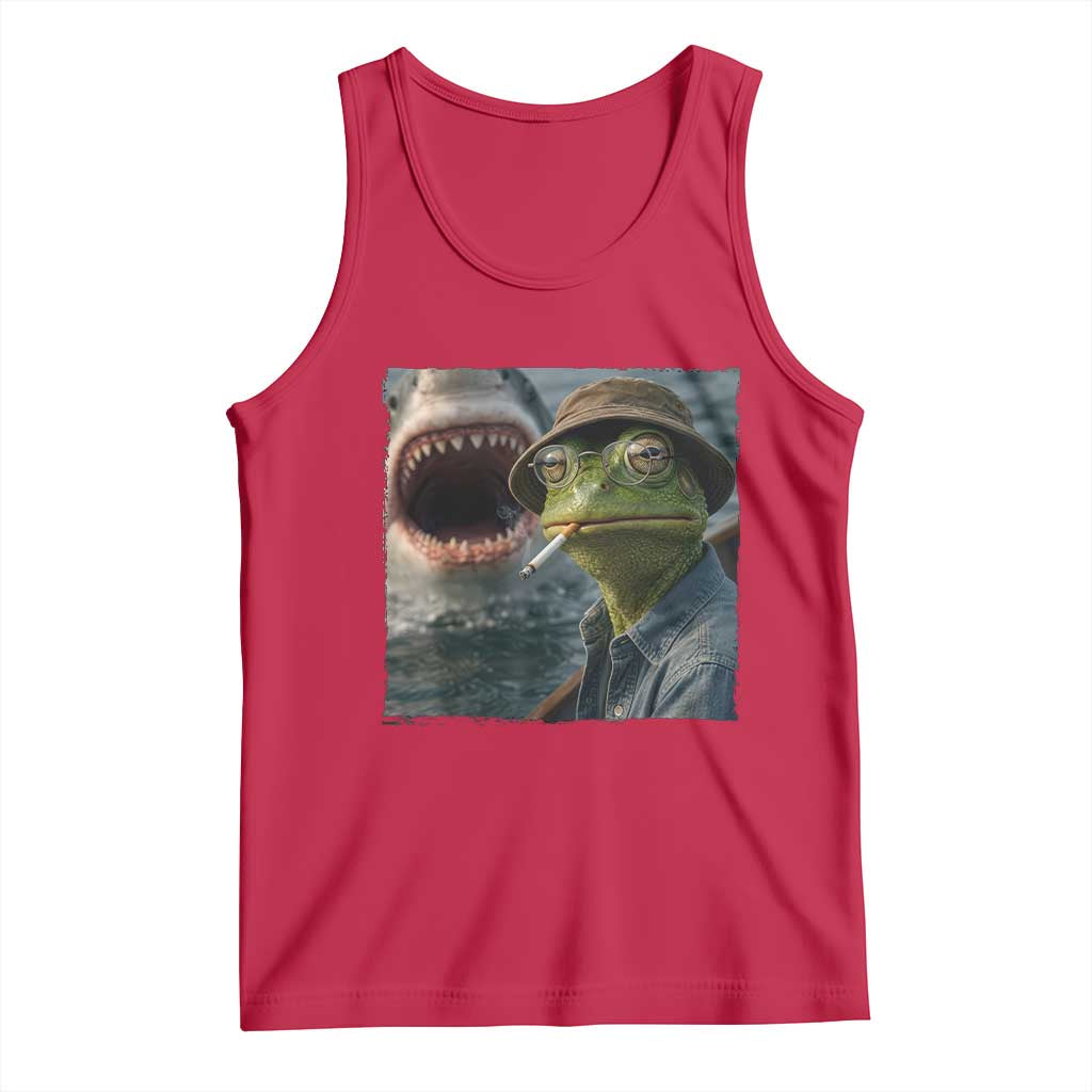 Unbothered Frog Smoking Cigarette Meme Tank Top Cinematic Shark Attack Calmness Graphic Dark Humor TS02 Red Print Your Wear