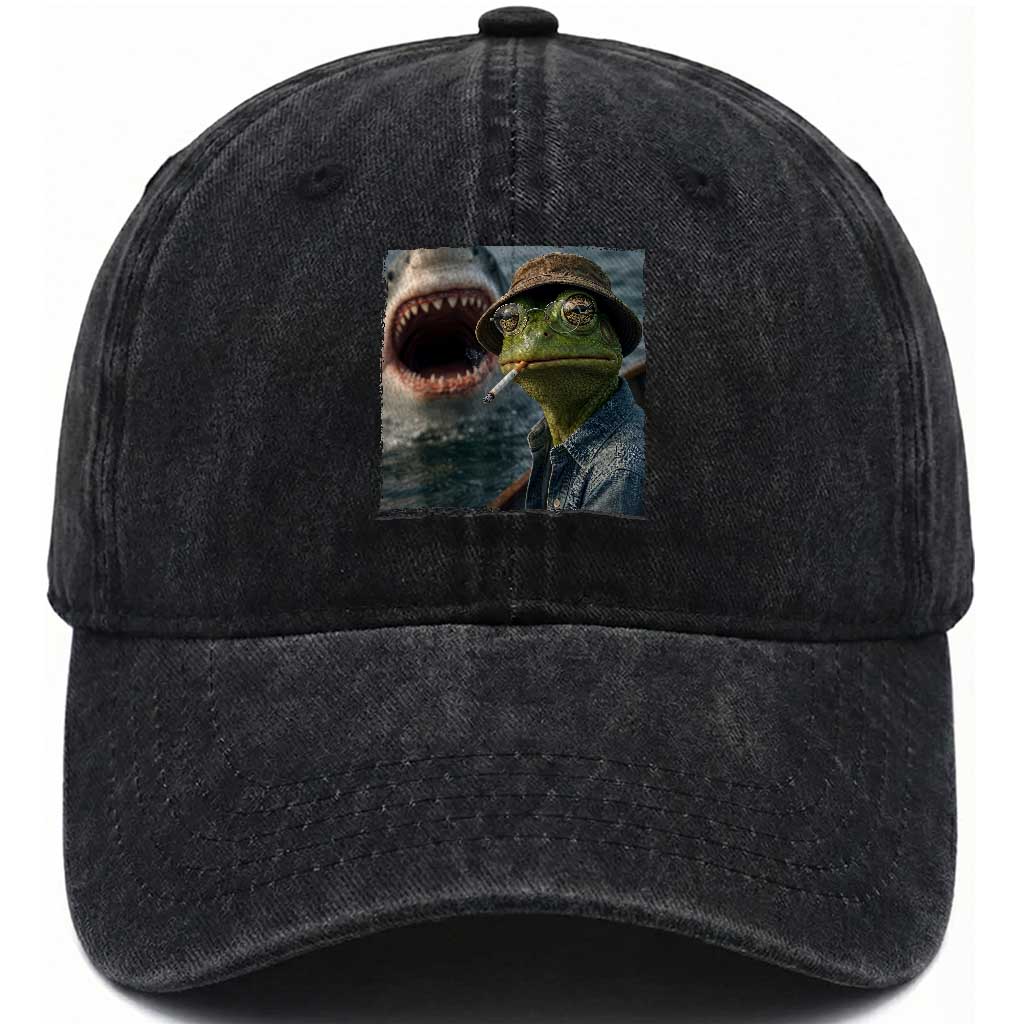 Unbothered Frog Smoking Cigarette Meme Washed Cotton Baseball Cap Cinematic Shark Attack Calmness Graphic Dark Humor TS02 Print Your Wear